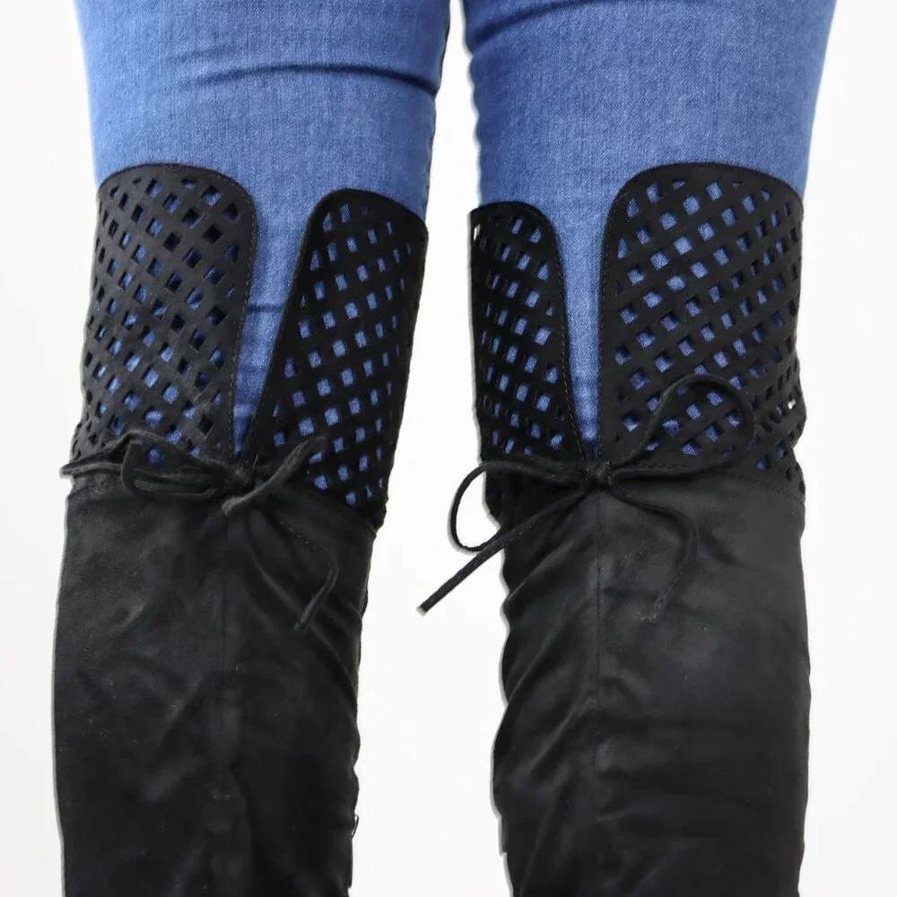 Black Over-the-Knee Boots Faux Suede Lace-Up Back Perforated Detail Flat Heel